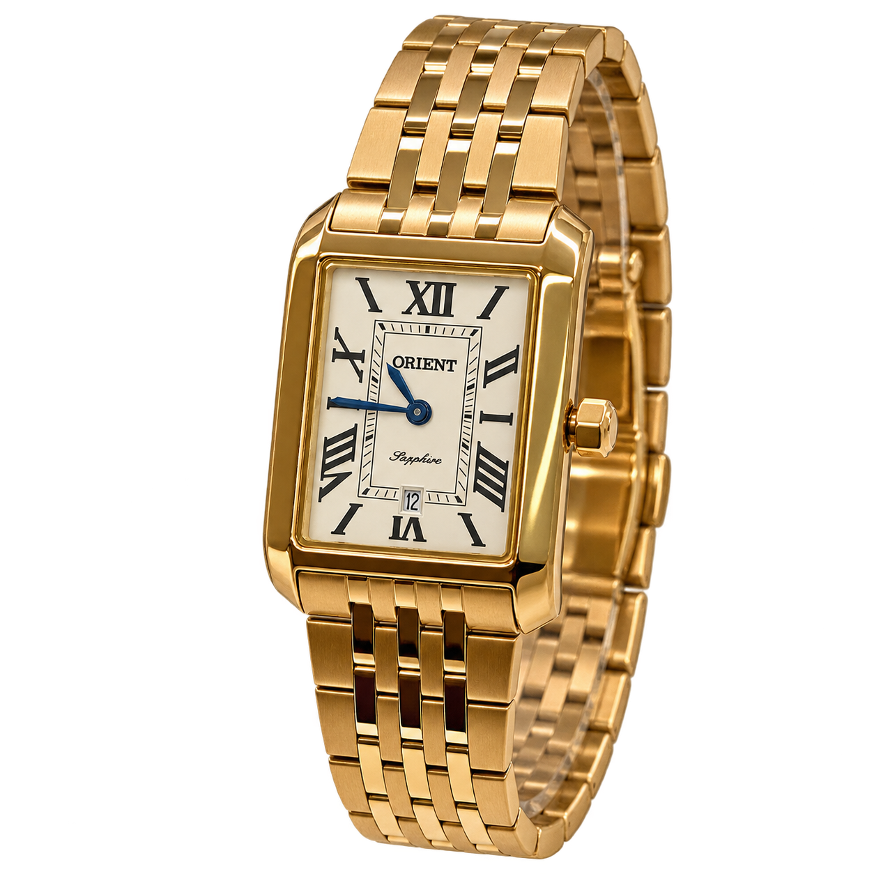 Relógio feminino dourado Orient com caixa retangular e mostrador claro